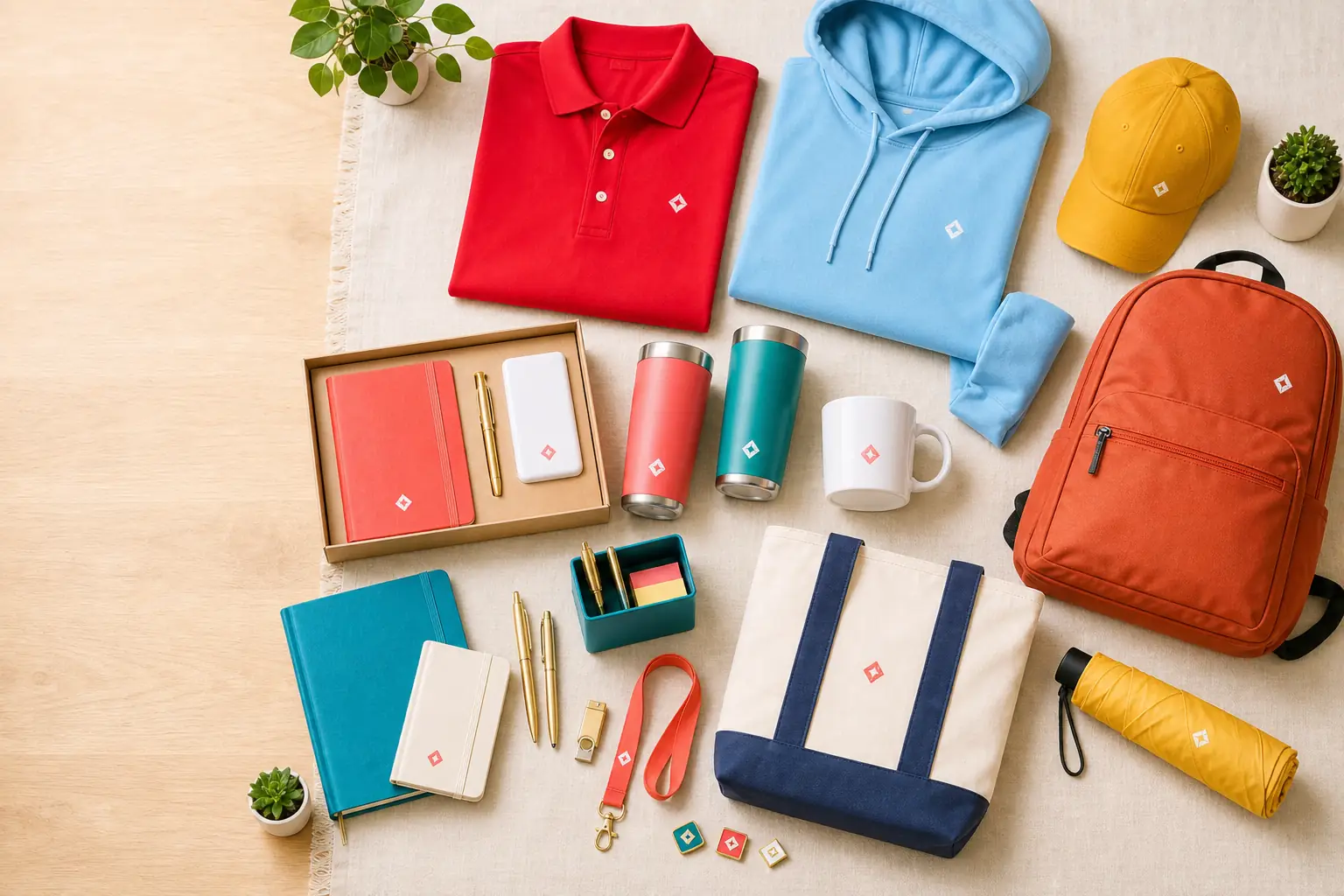 Flat lay of branded promo items: pens, notebooks, and drinkware