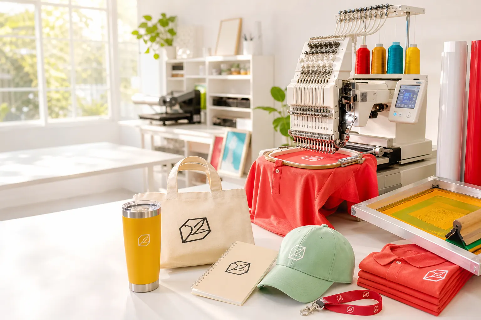 Print workshop with corporate merchandise in production