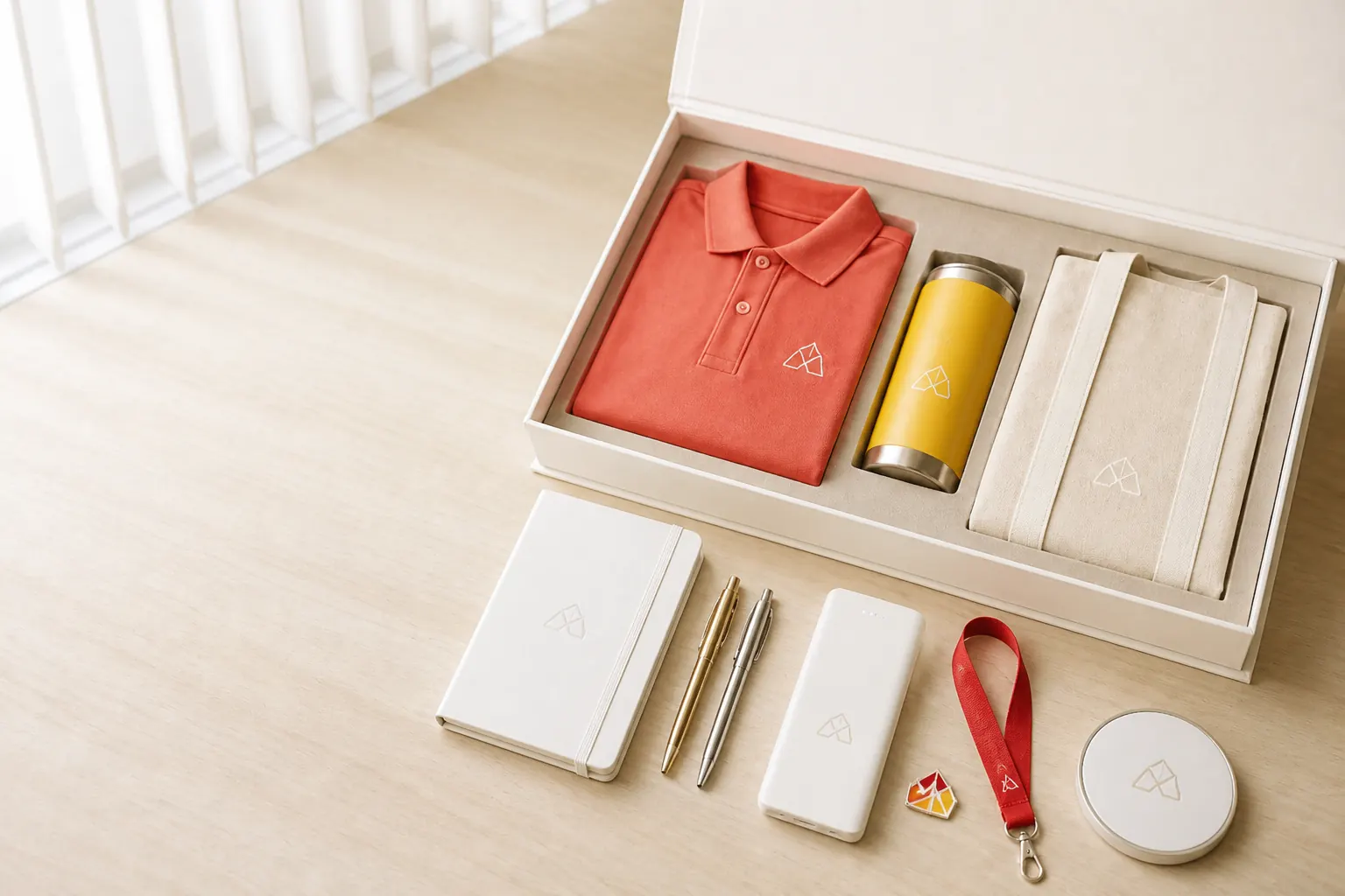 Assembled corporate gift kit with branded packaging
