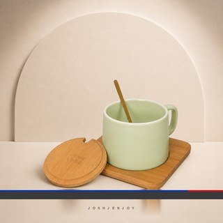Ceramic Mug with Bamboo Lid and Saucer